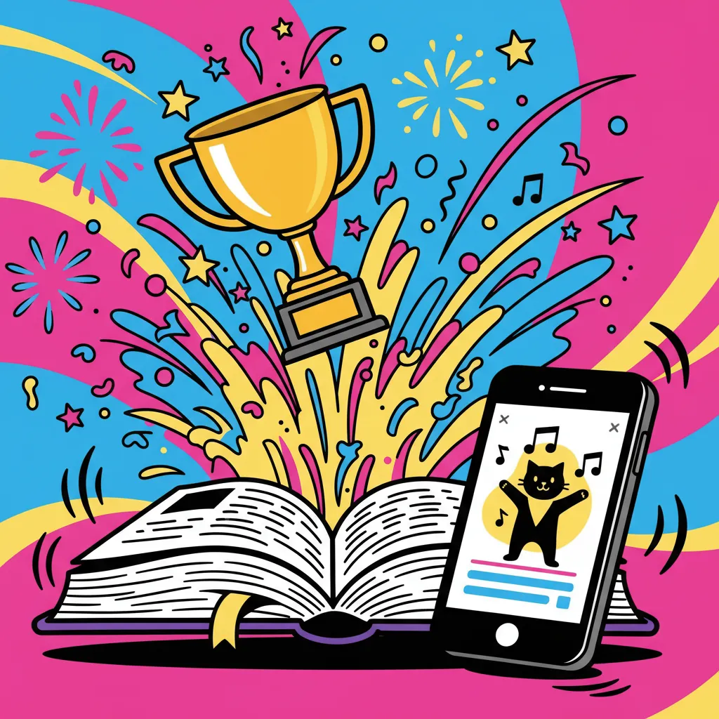 Cartoon illustration of a giant dictionary book with confetti and fireworks exploding from its pages, with a golden 2024 trophy on top and a phone showing a viral video beside it