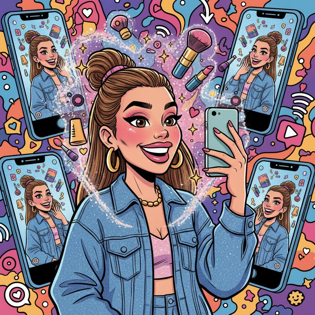 Cartoon illustration of the demure TikTok trend spreading virally — a stylish woman films herself with sparkles and makeup brushes floating around, while phones in the background show the same trend multiplying