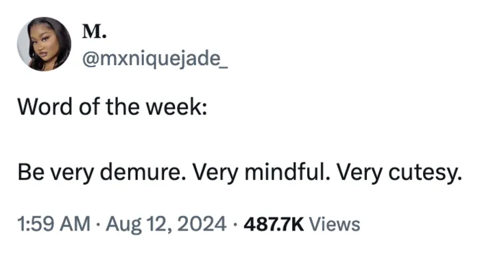 Screenshots of viral tweets about the Very Demure Very Mindful trend, including X users reacting to the catchphrase taking over their feeds