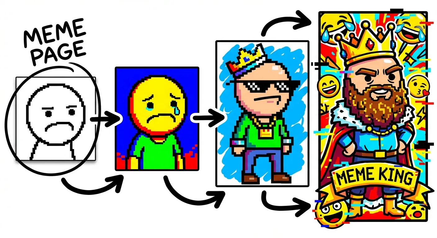 Cartoon illustration showing the evolution of Wojak from a simple MS Paint drawing through increasingly complex and detailed character variations