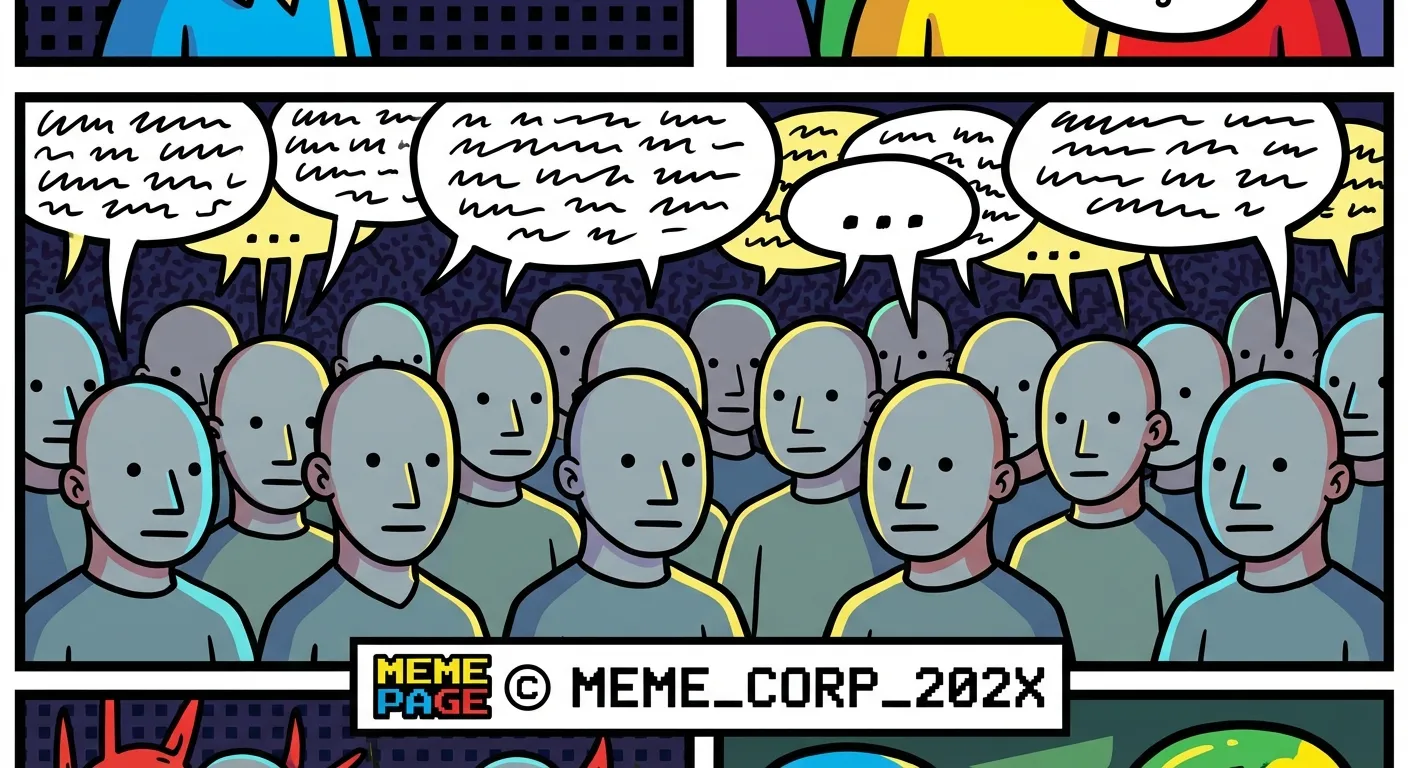 Cartoon illustration of a crowd of identical grey NPC Wojak faces with blank expressions, representing the NPC meme phenomenon